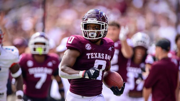 Sep 18, 2021; College Station, Texas, USA; Texas A&M Aggies wide receiver Ainias Smith (0) in action during the game between the Texas A&M Aggies and the New Mexico Lobos at Kyle Field.